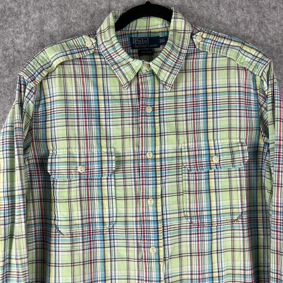 Vintage Polo Ralph Lauren Shirt Mens XL Green Plaid Epaulet Button Up Safari - Picture 2 of 13